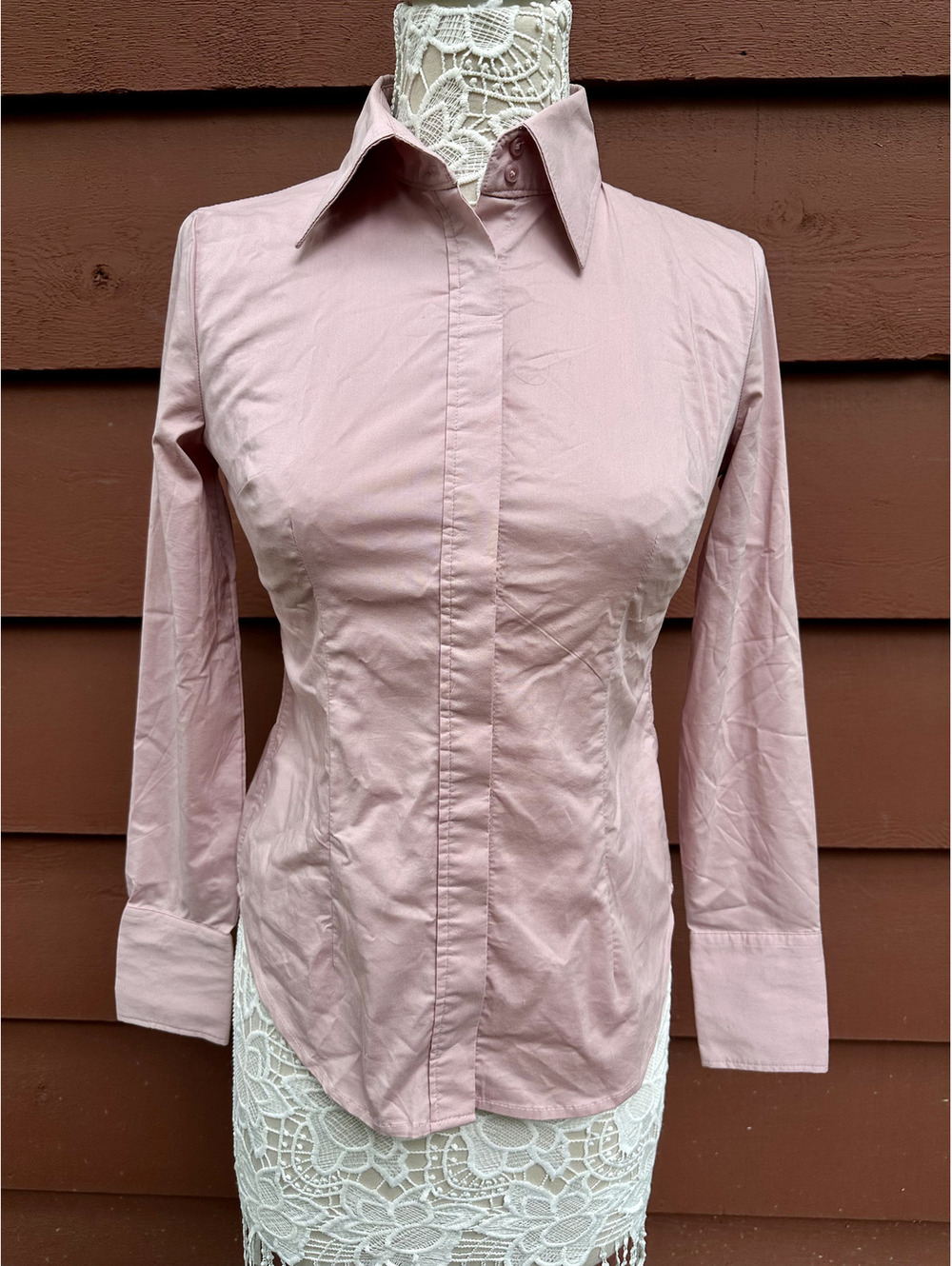 New‎ York & Company Fitted Pink Stretch Button Up Shirt Tailored Office Preppy